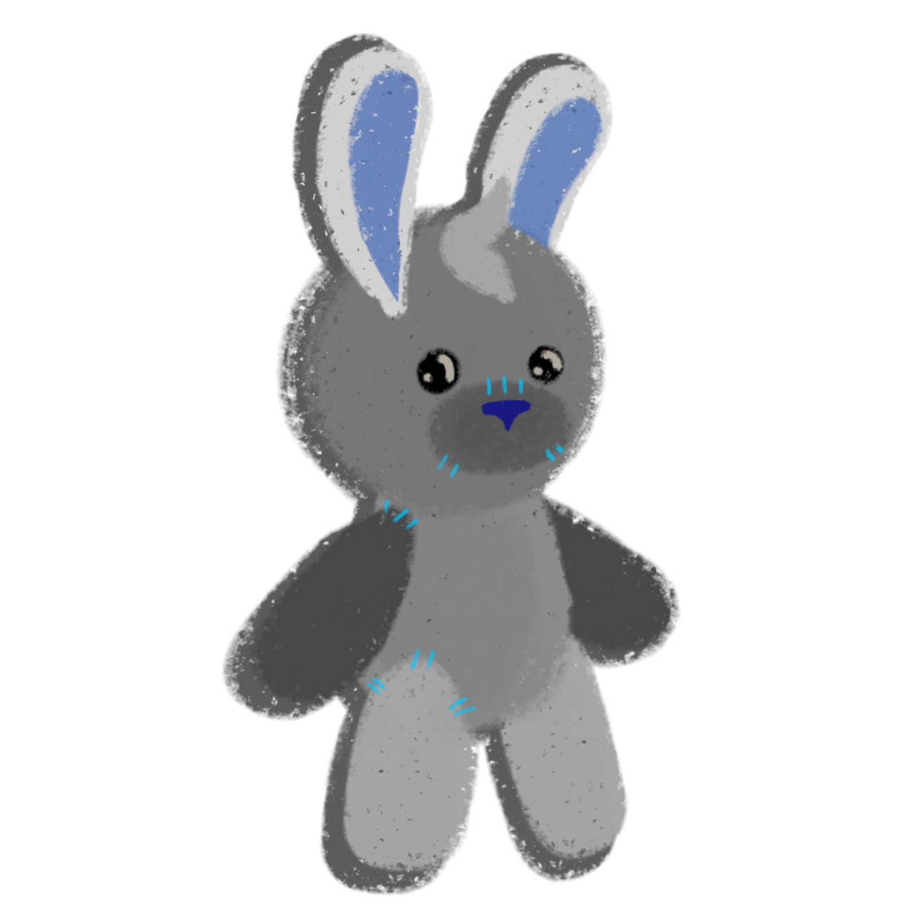 a cute, cartoon-style drawing of a gray bunny rabbit plush. It has big white  ears with blue insides, a small blue nose, and a few blue stitches on its body. The rabbit is standing upright with its arms and legs slightly out to the sides.